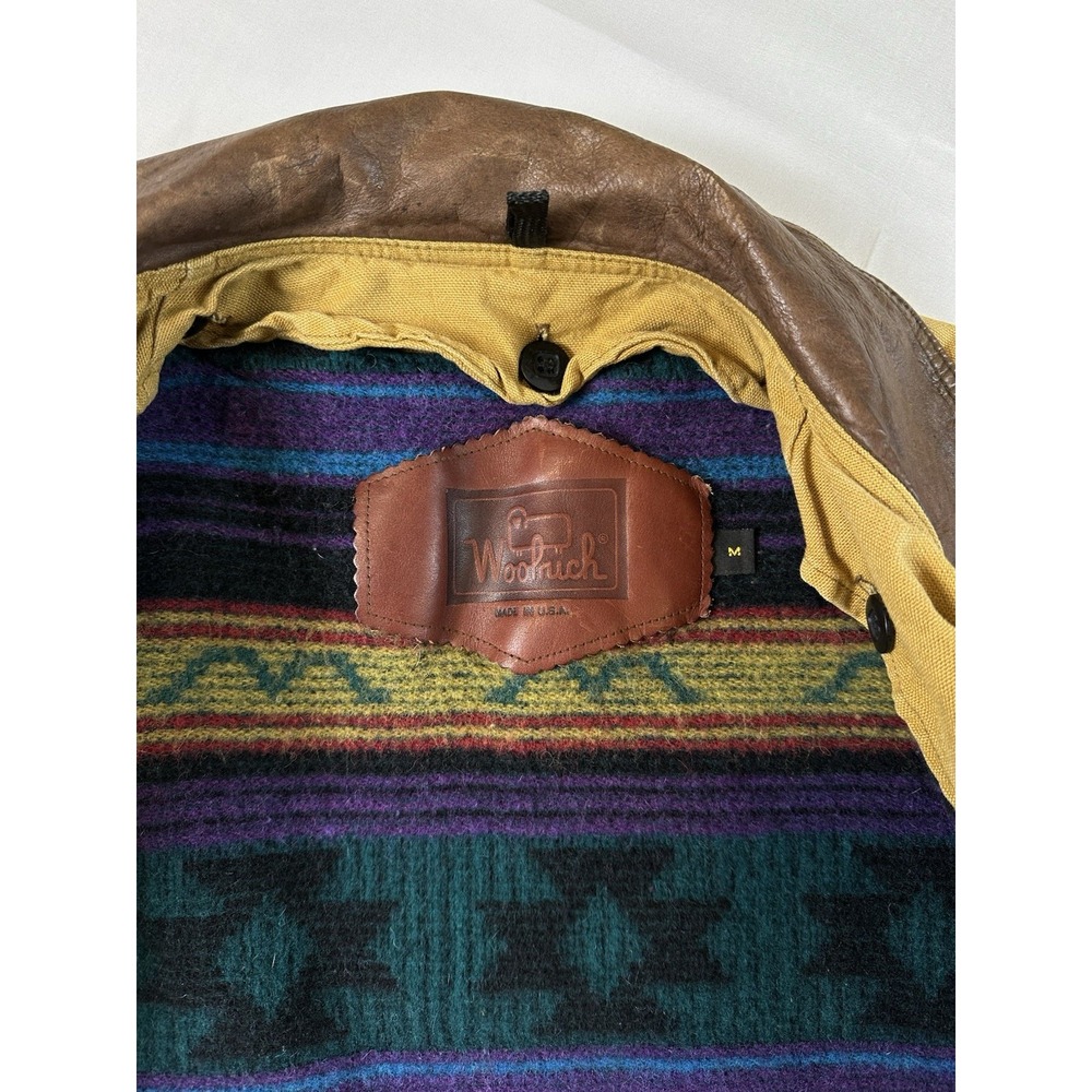 VTG Woolrich Chore Barn Coat Med/L Aztec Wool Blanket-Lined Leather Collar Snap - Picture 3 of 7